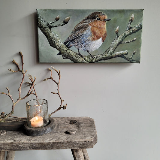 Stoer & sober schilderij roodborstje magnolia