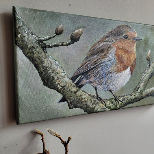 Stoer & sober schilderij roodborstje magnolia