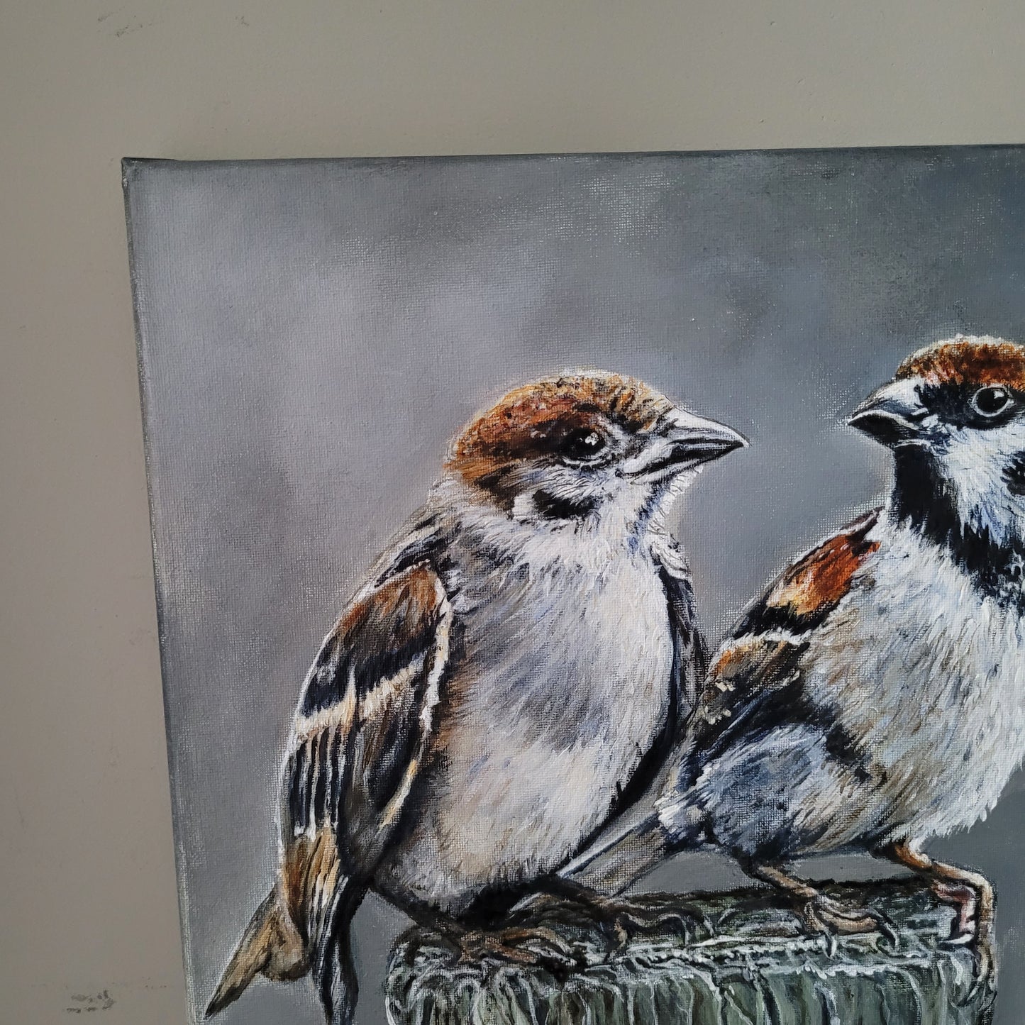 Stoer & sober schilderij mussen