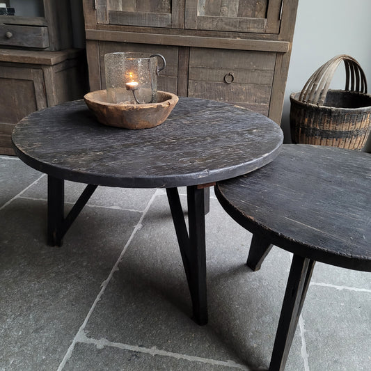 Salontafel rond hout oud zwart set van 2
