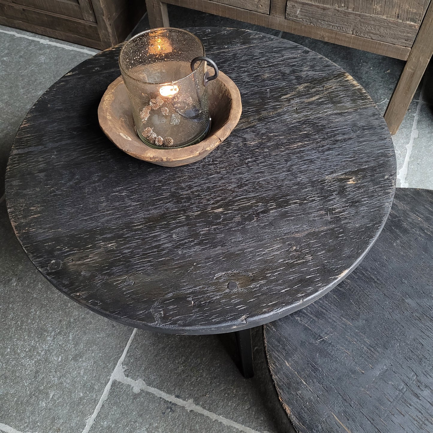 Salontafel rond hout oud zwart set van 2
