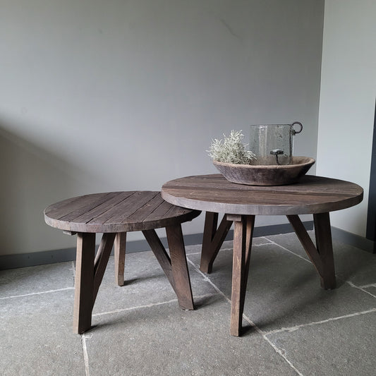 Salontafel rond oud hout driftwood set van 2