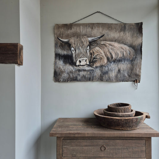 Uniek handgeschilderd wanddoek hooglander San7