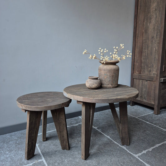 Salontafel rond oud hout driftwood set van 2