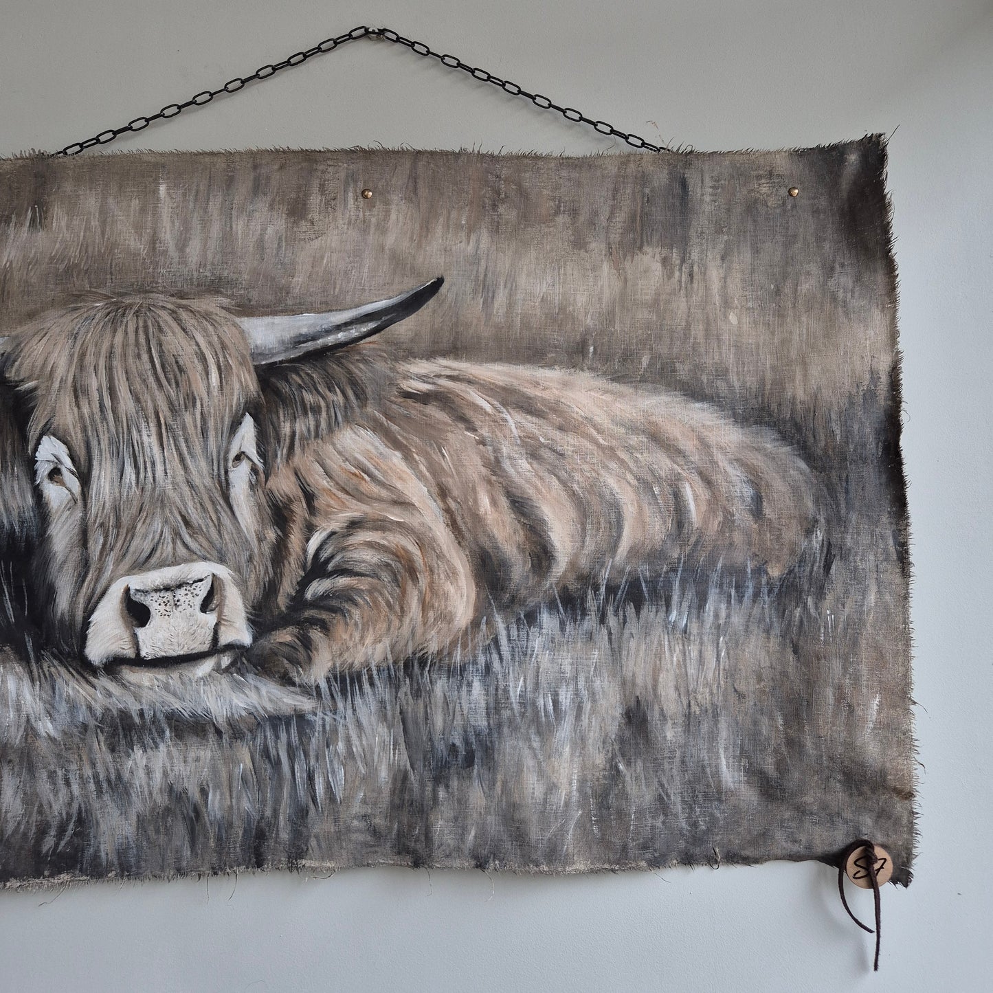 Uniek handgeschilderd wanddoek hooglander San7