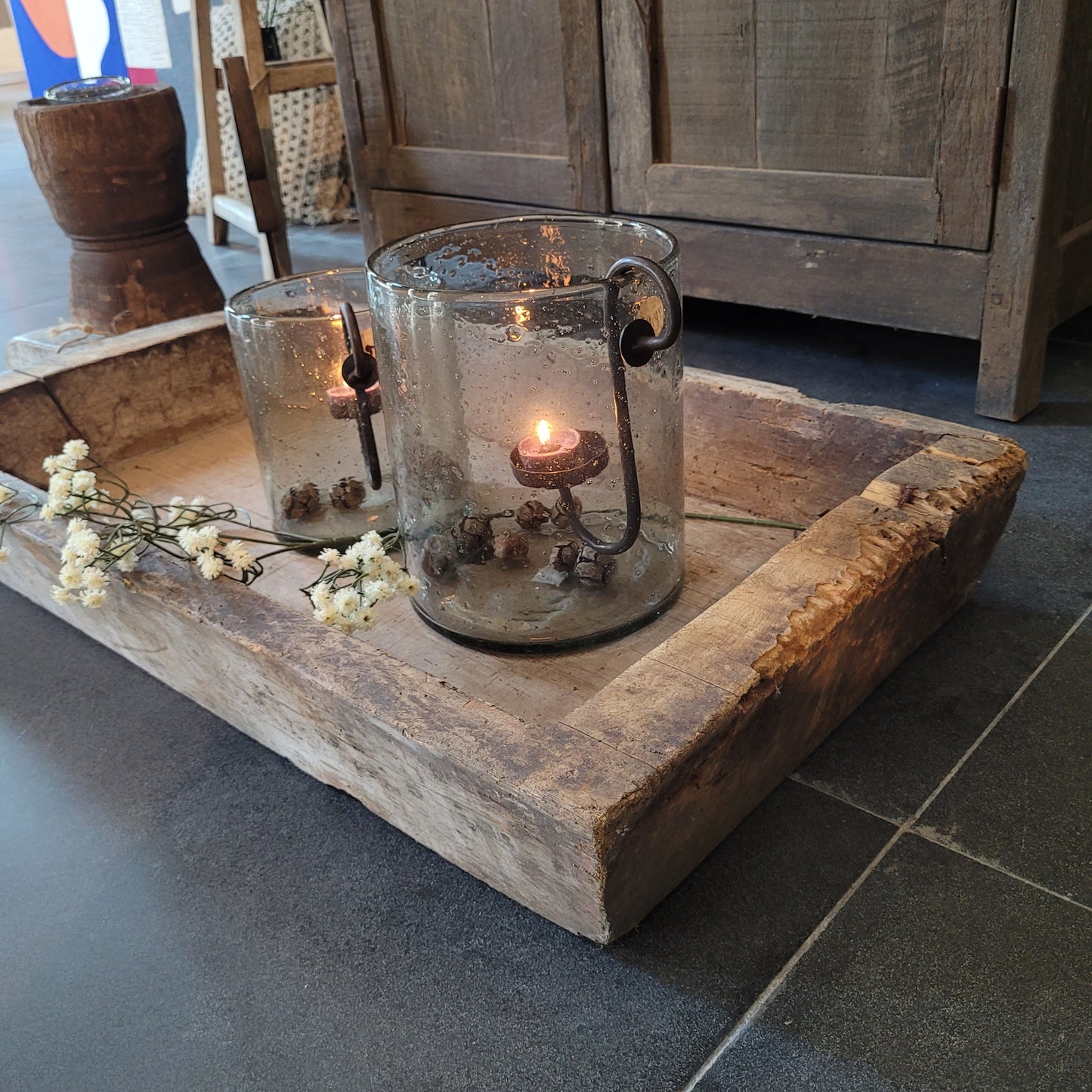 Uniek oud houten trog met handvat XL