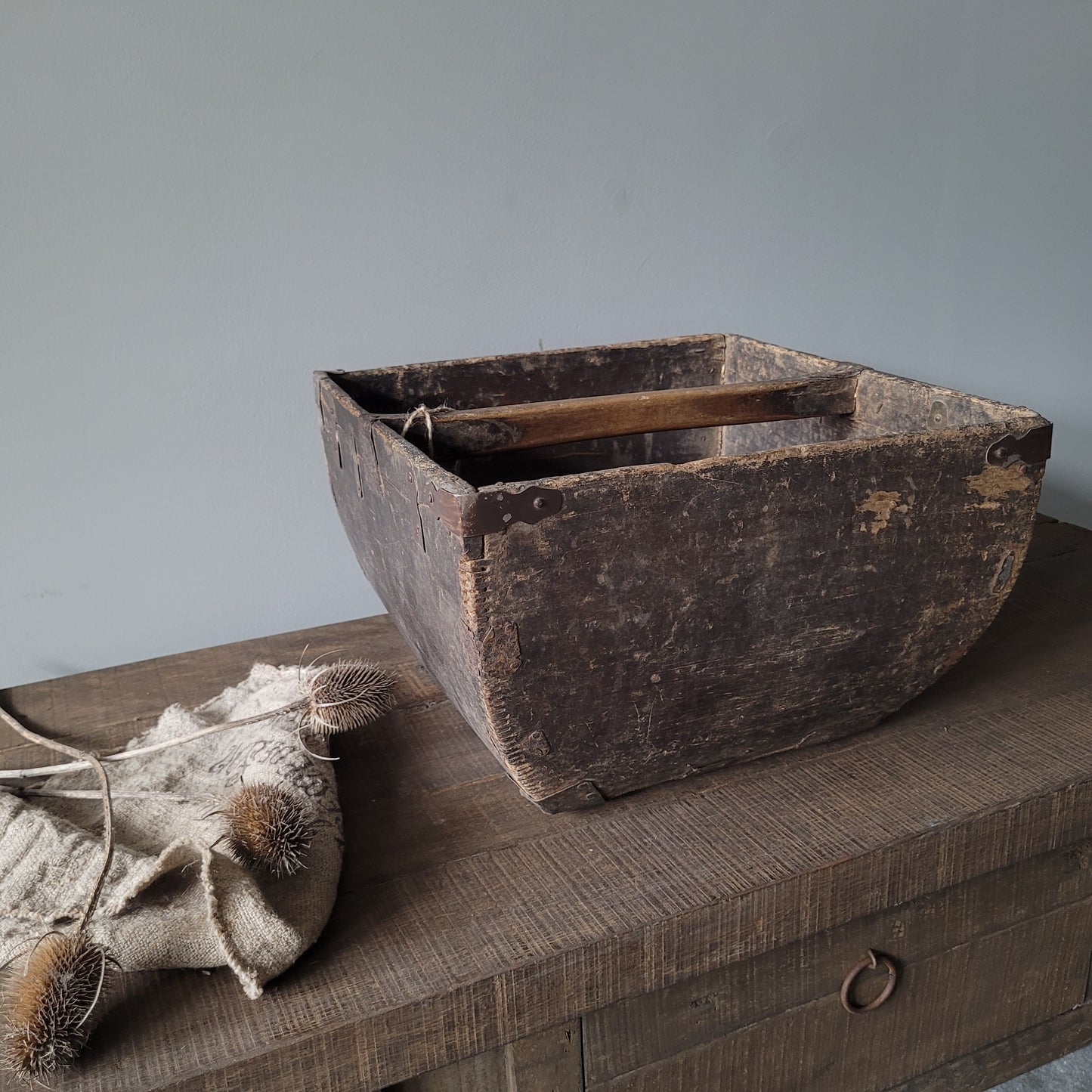 Uniek oud houten rijstbak met handvat nr. 1