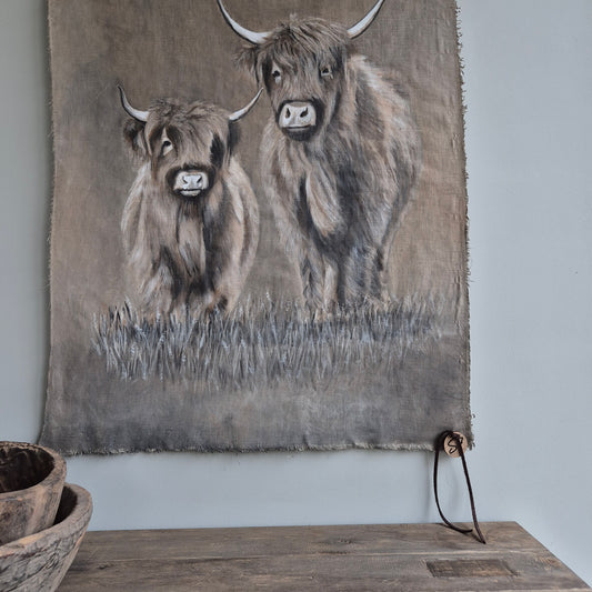 Uniek handgeschilderd wanddoek hooglanders San7