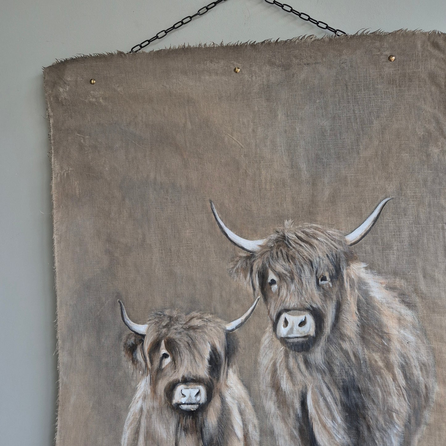 Uniek handgeschilderd wanddoek hooglanders San7