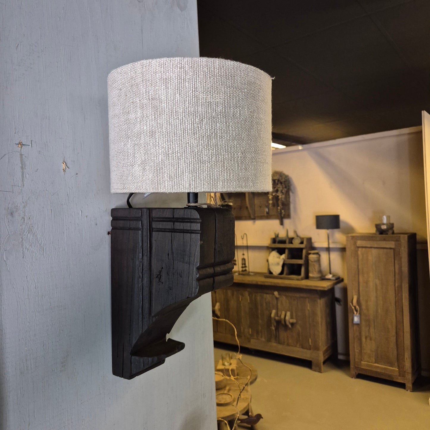 Wandlamp hout | incl. linnen lampenkap