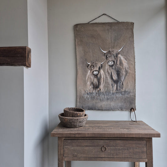 Uniek handgeschilderd wanddoek hooglanders San7