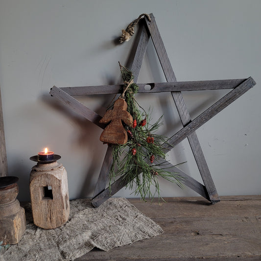 Kerstster hout met toef & ornament