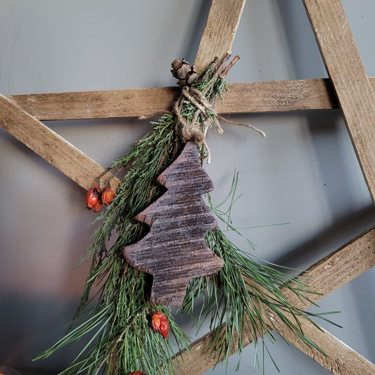 Kerstster hout met toef & ornament