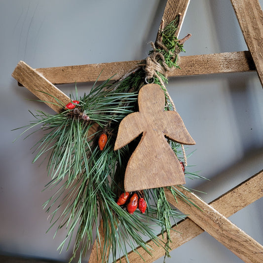 Kerstster hout met toef en ornament