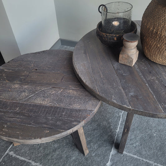 Salontafel rond oud hout driftwood set van 2 (Bestelbaar)