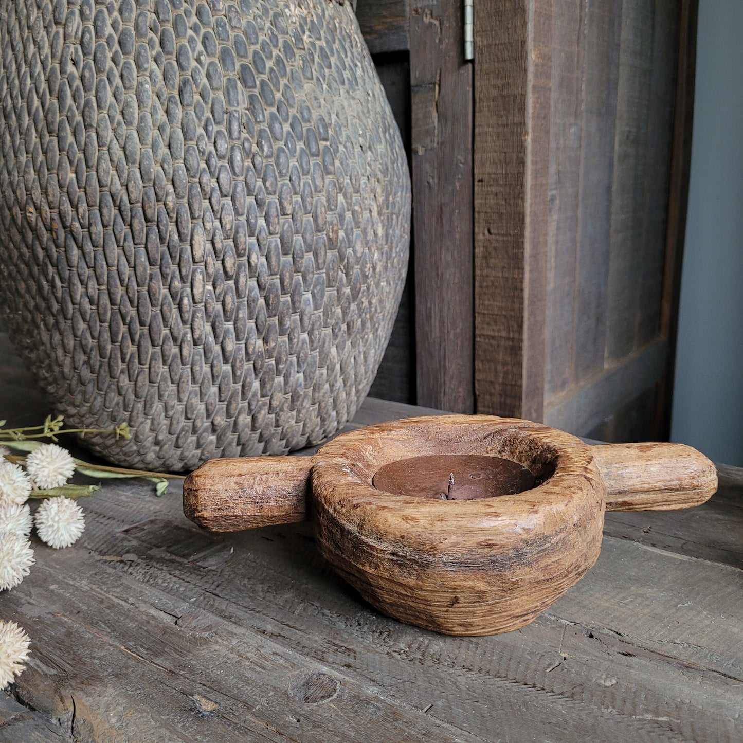 Uniek oud houten kandelaar