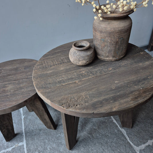 Salontafel rond oud hout driftwood set van 2
