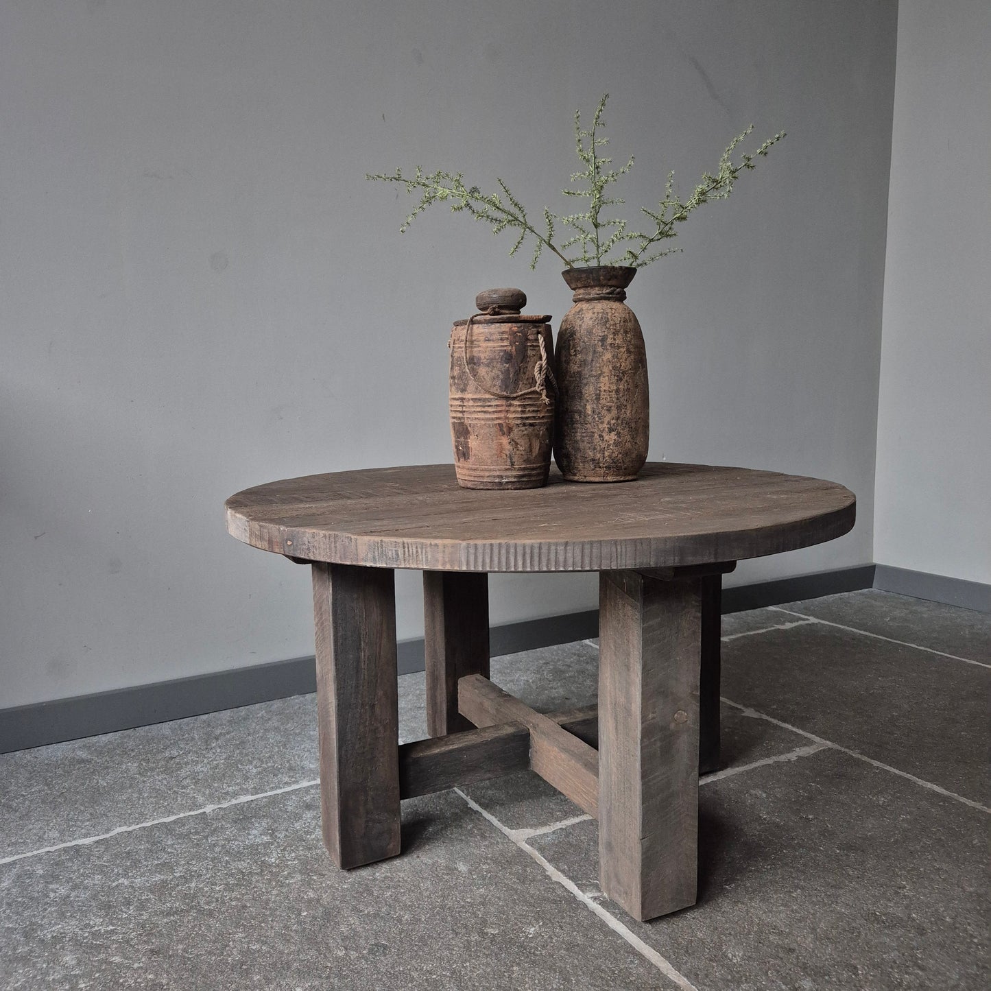 Ronde salontafel blokpoot | driftwood 100cm