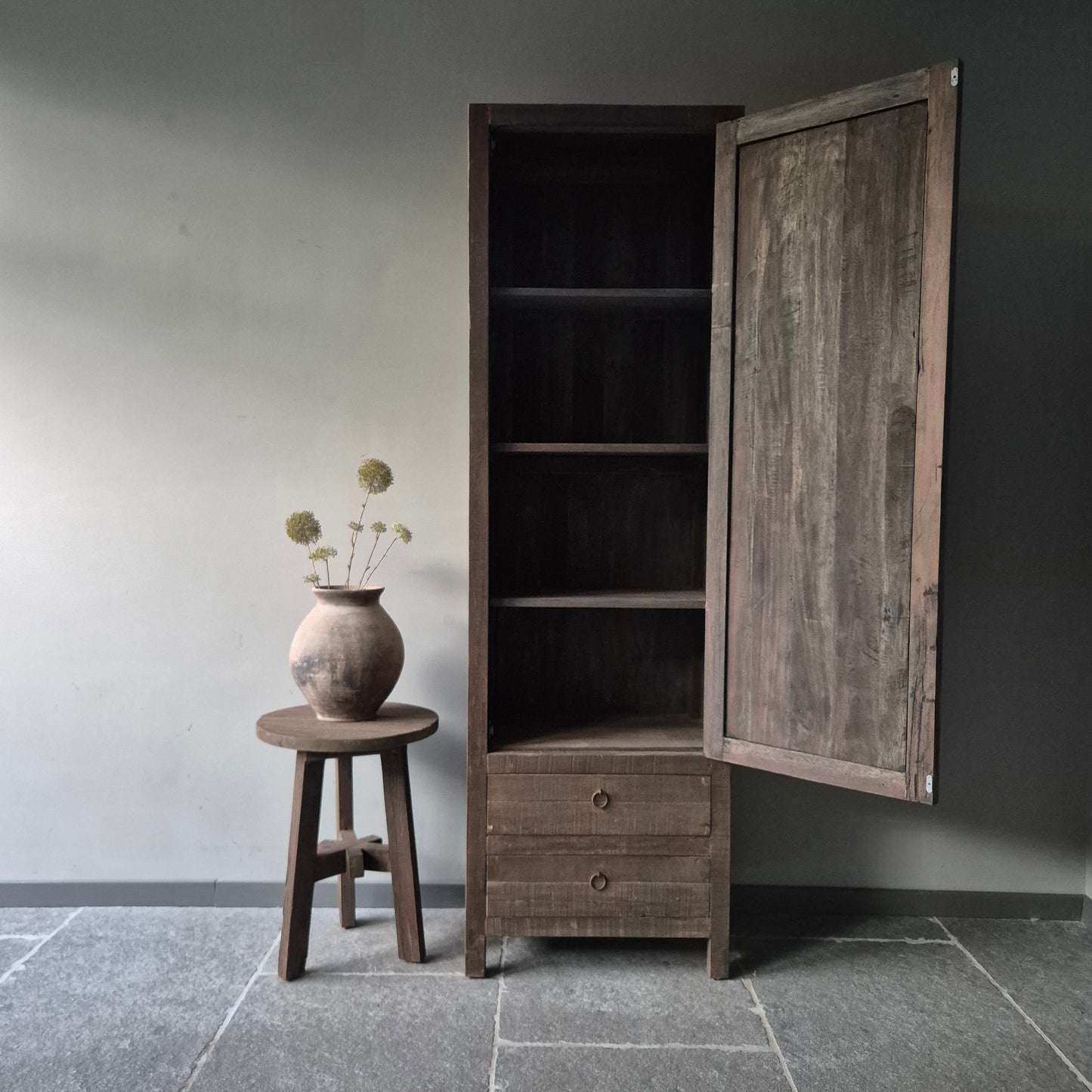 Hoge landelijke kast 1-deurs | 2-lades driftwood