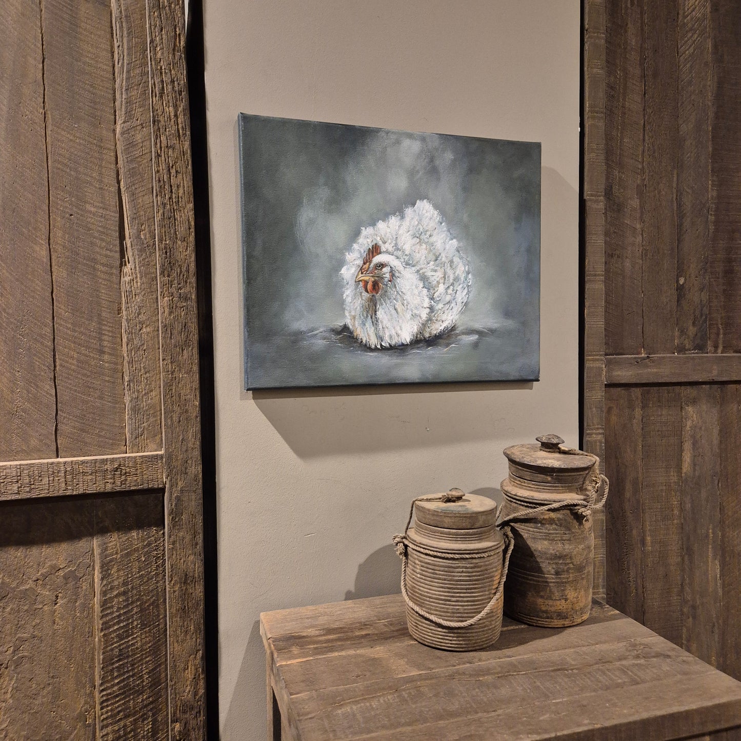 Stoer & sober schilderij Kip handgeschilderd