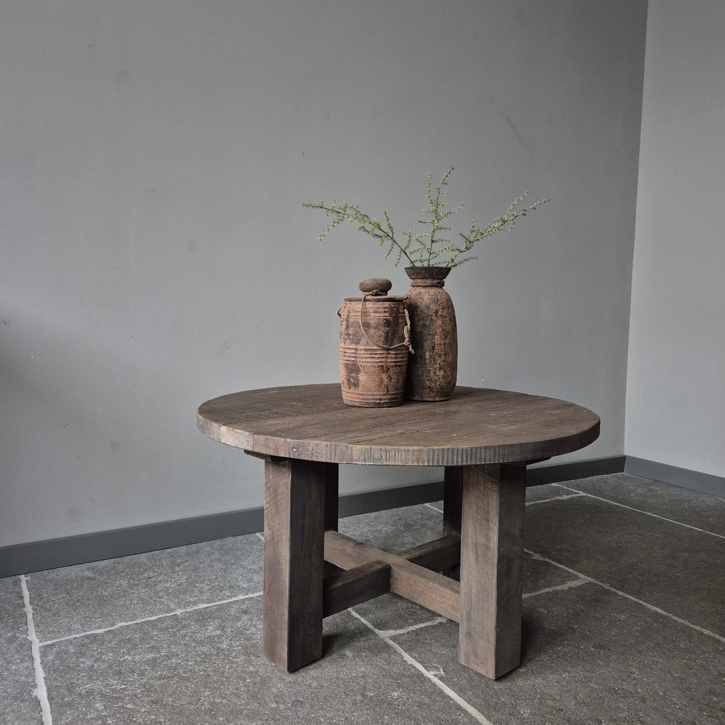 Ronde salontafel blokpoot | driftwood 100cm
